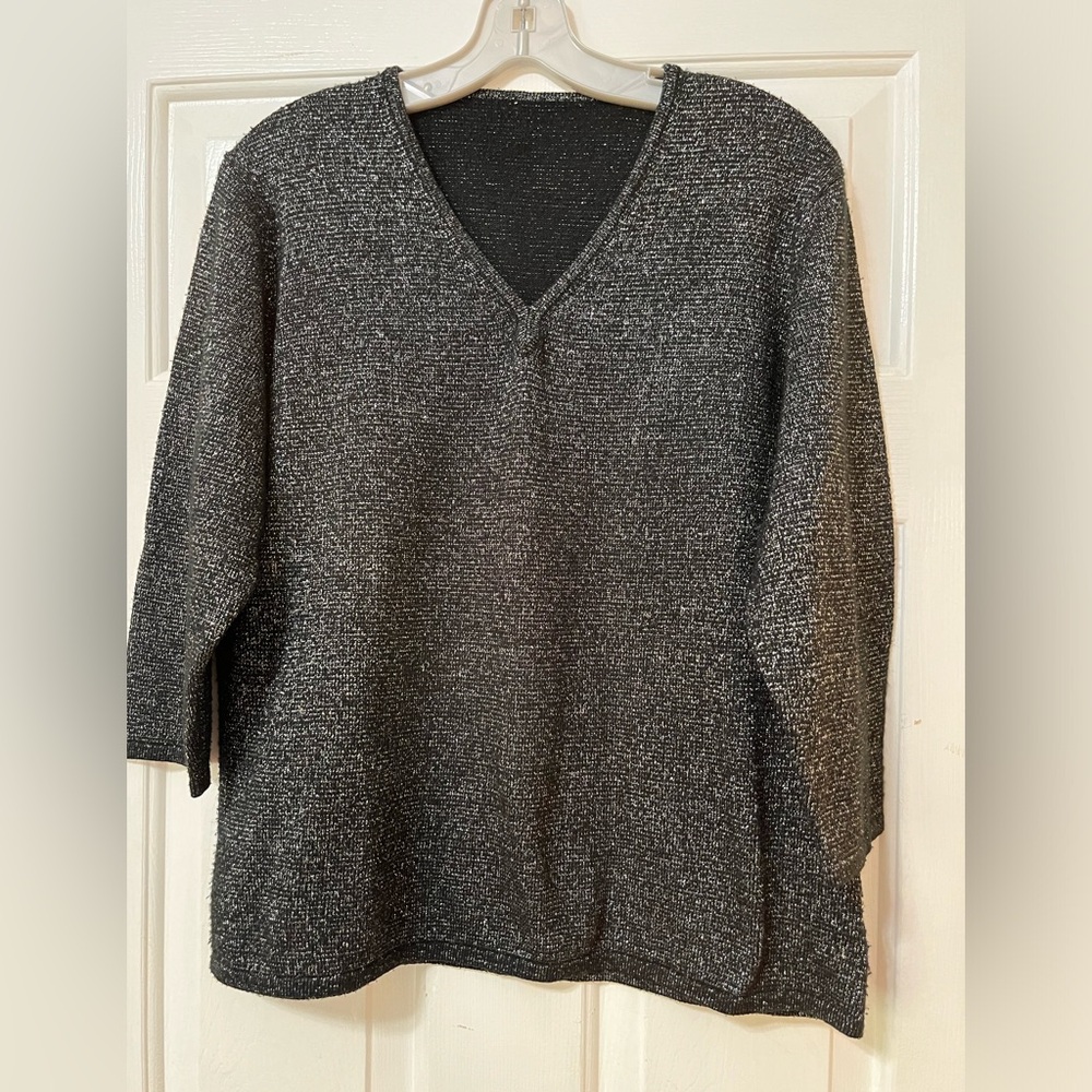 Vintage Black Sweater Silver Metallic V-neckline